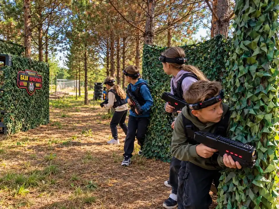 Игра в лазертаг на лесной арене у базы красных